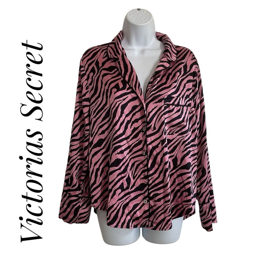 Victoria's Secret Medium Pajama Top Long Sleeve Satin Zebra Pink Black